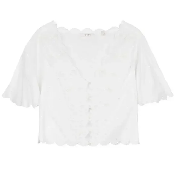 NWT Doen Kacy Embroidered Bow Ribbon Scalloped V Neck Cotton Blouse Top in Salt - Picture 7 of 9
